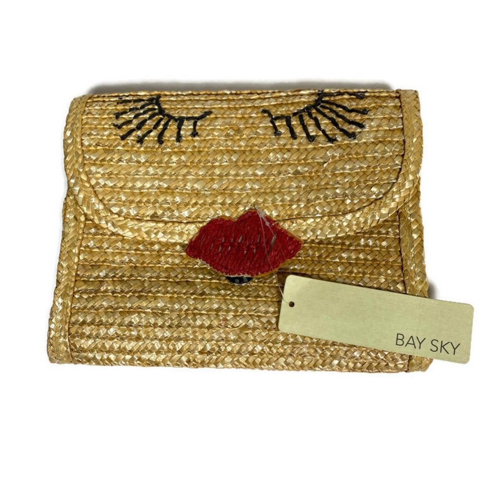 Bay Sky Boho Embroidered Straw Clutch Purse NWT